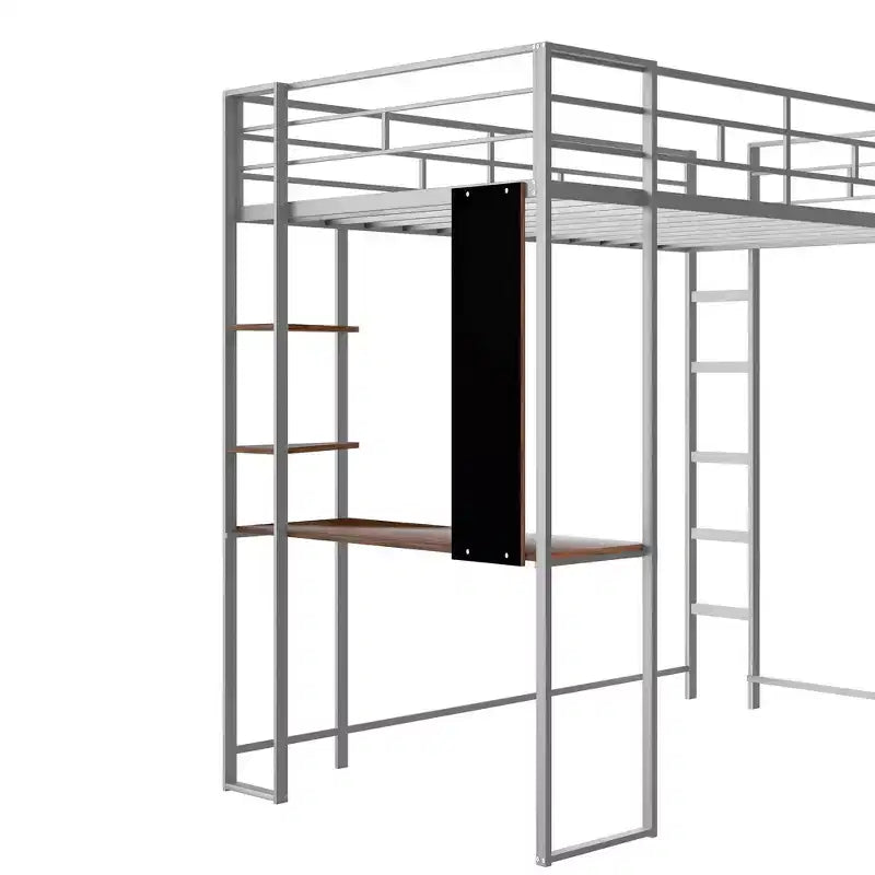 Lit mezzanine double en métal avec bureau, étagère et échelle intégrés