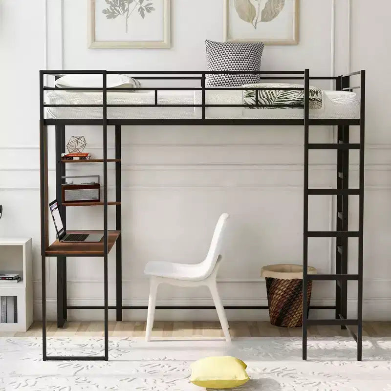 Lit mezzanine double en métal avec bureau, étagère et échelle intégrés