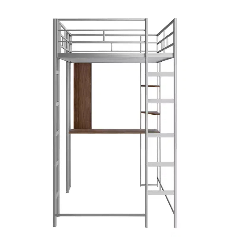 Lit mezzanine double en métal avec bureau, étagère et échelle intégrés