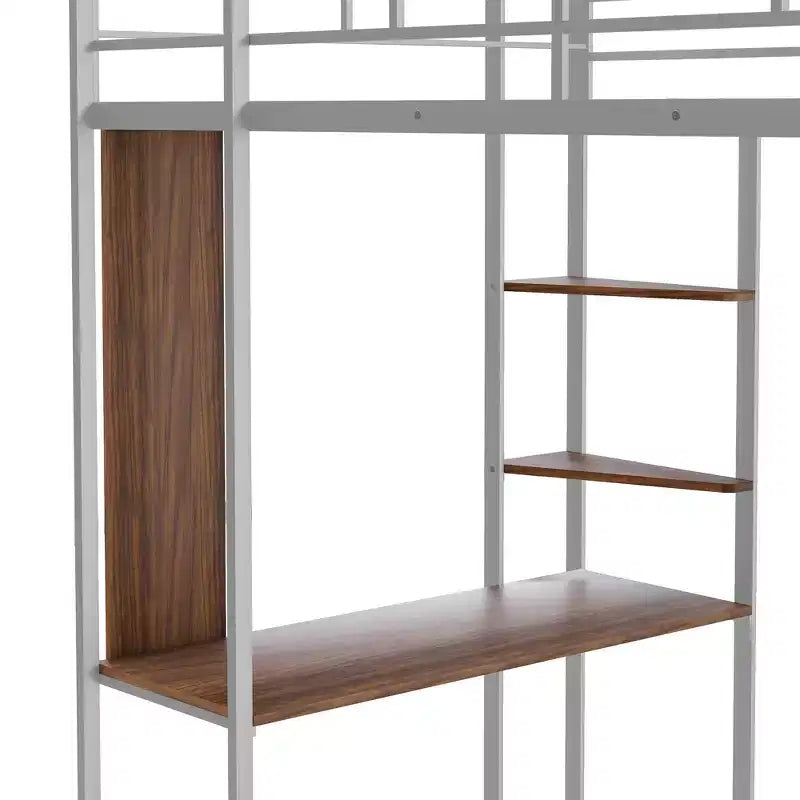 Lit mezzanine double en métal avec bureau, étagère et échelle intégrés