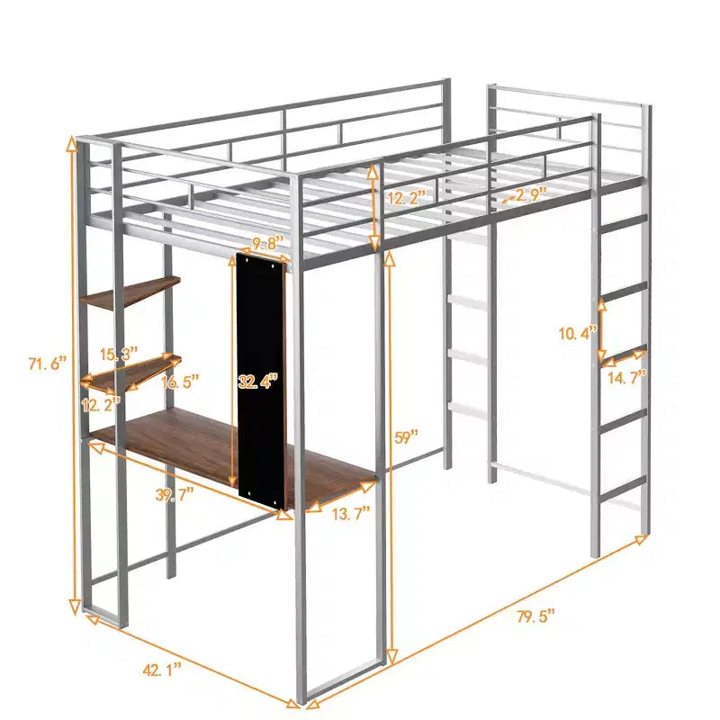 Lit mezzanine double en métal avec bureau, étagère et échelle intégrés