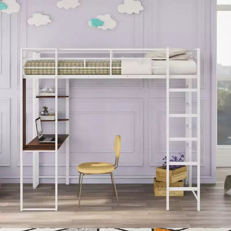 Lit mezzanine double en métal avec bureau, étagère et échelle intégrés