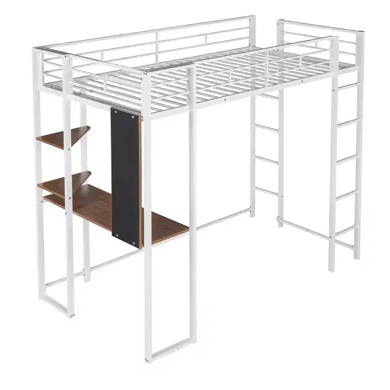 Lit mezzanine double en métal avec bureau, étagère et échelle intégrés