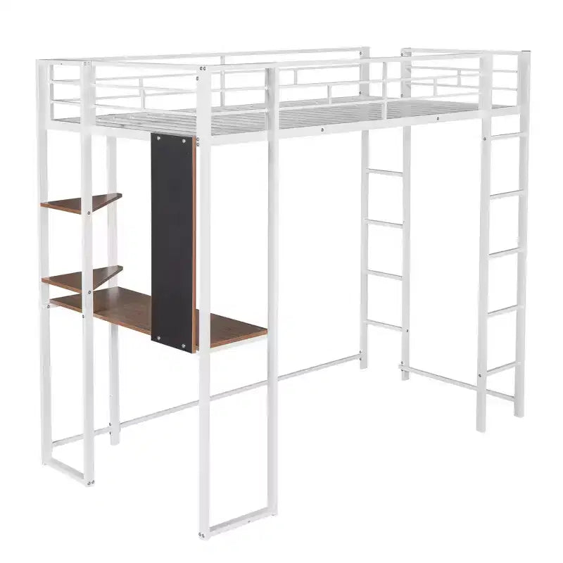 Lit mezzanine double en métal avec bureau, étagère et échelle intégrés