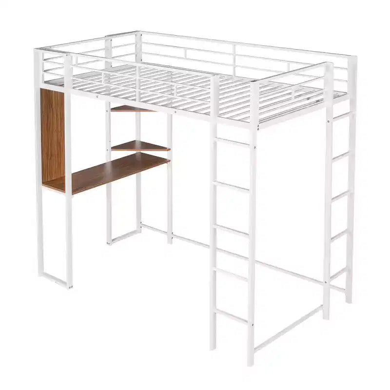 Lit mezzanine double en métal avec bureau, étagère et échelle intégrés