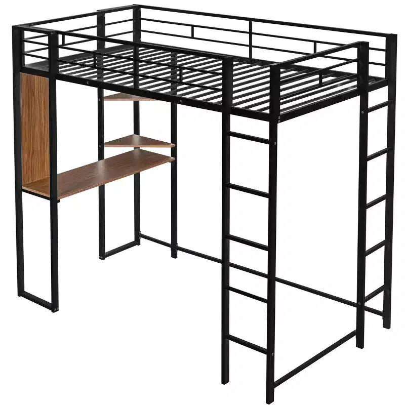 Lit mezzanine double en métal avec bureau, étagère et échelle intégrés