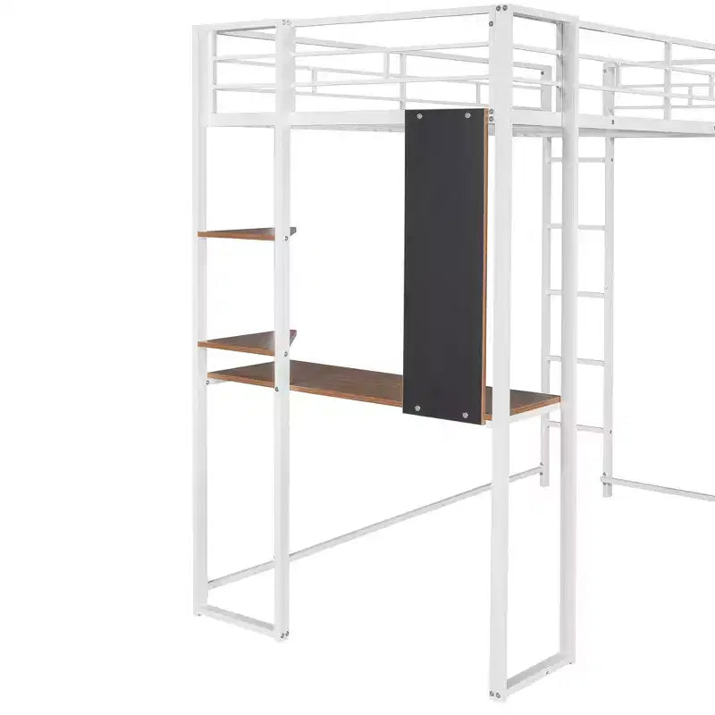 Lit mezzanine double en métal avec bureau, étagère et échelle intégrés