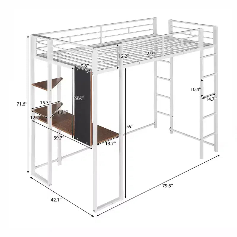 Lit mezzanine double en métal avec bureau, étagère et échelle intégrés