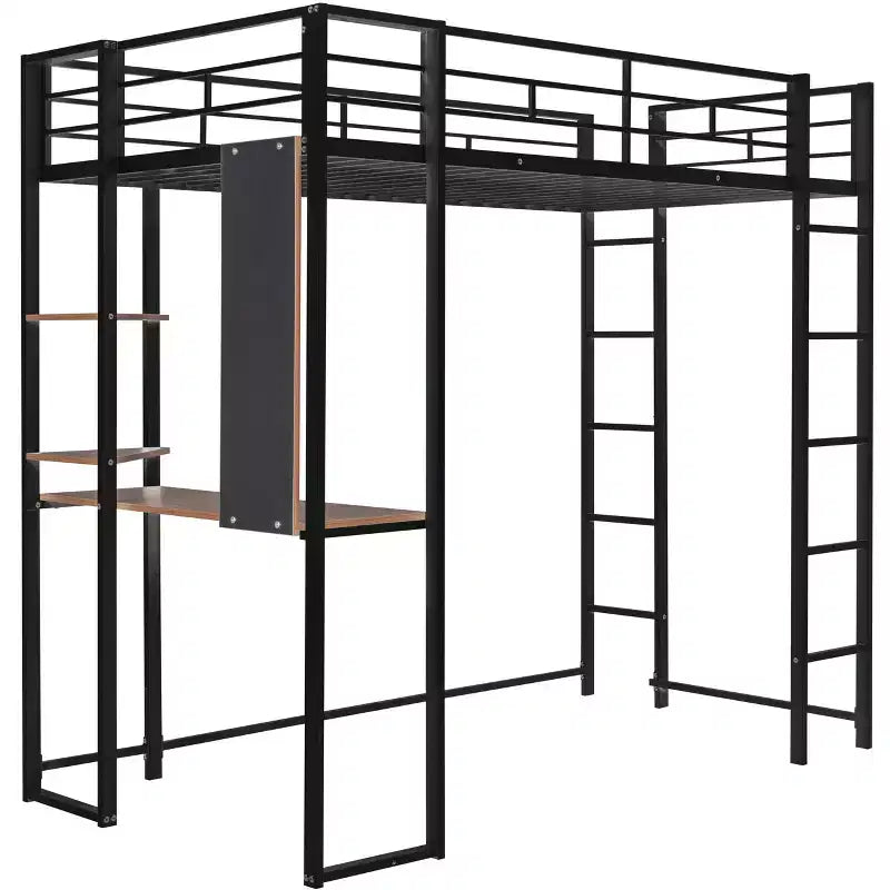 Lit mezzanine double en métal avec bureau, étagère et échelle intégrés