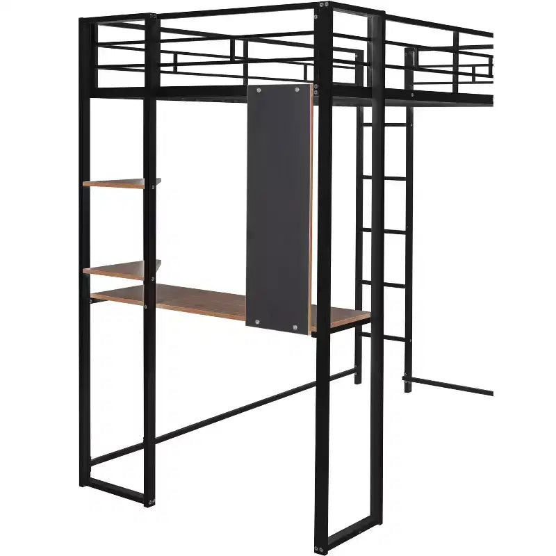Lit mezzanine double en métal avec bureau, étagère et échelle intégrés