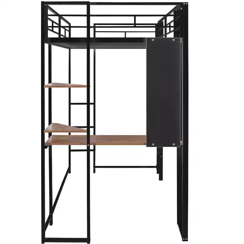 Lit mezzanine double en métal avec bureau, étagère et échelle intégrés
