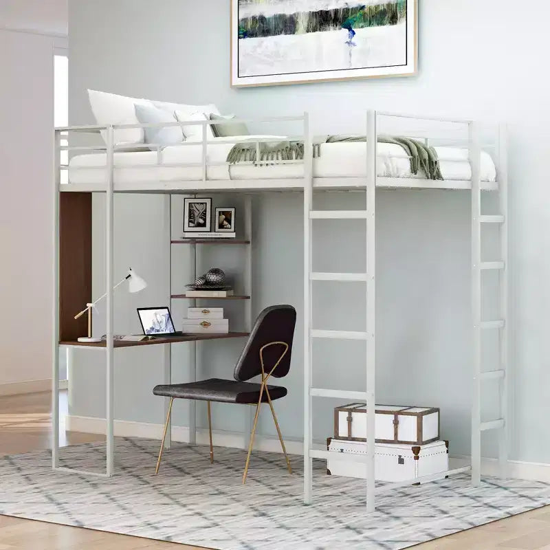Lit mezzanine double en métal avec bureau, étagère et échelle intégrés
