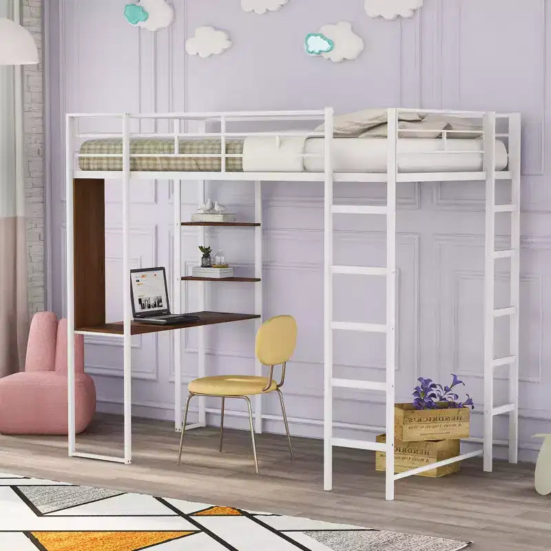 Lit mezzanine double en métal avec bureau, étagère et échelle intégrés