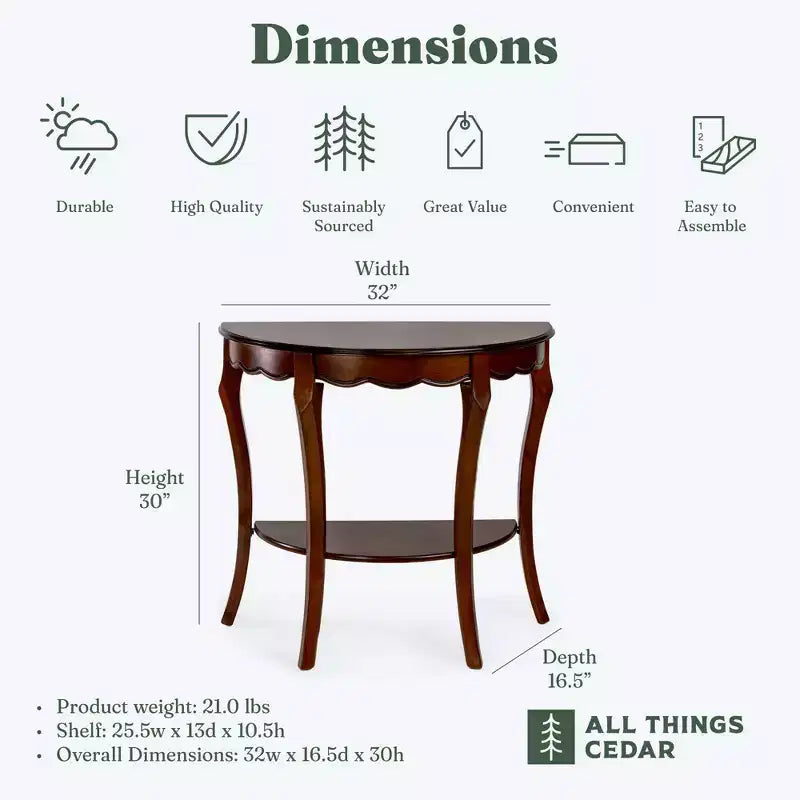Console demi-lune en bois avec étagère de rangement inférieure