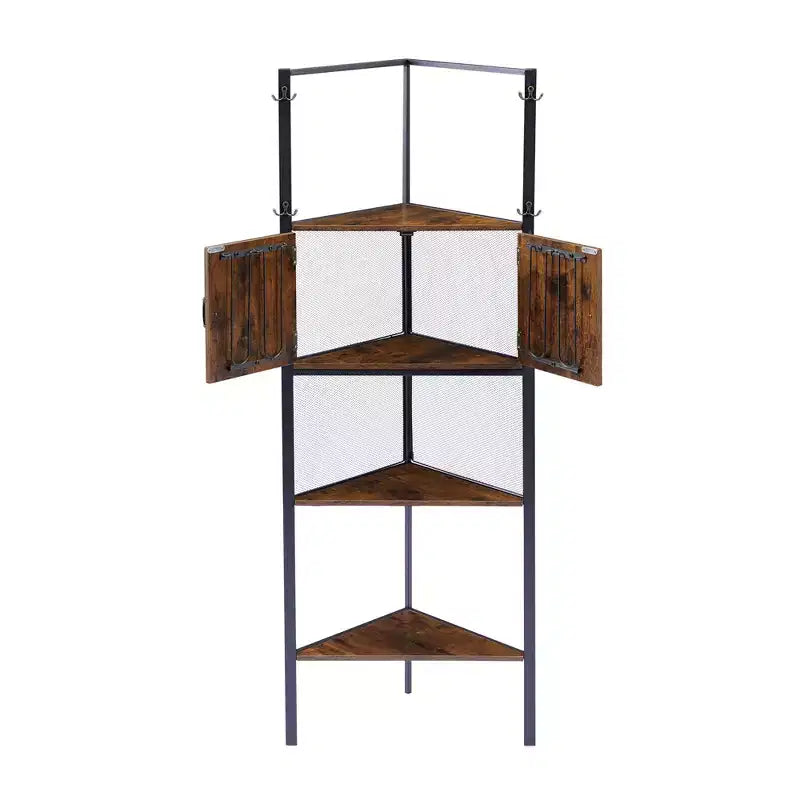 Étagère d'angle haute avec étagères triangulaires en bois et portes, marron