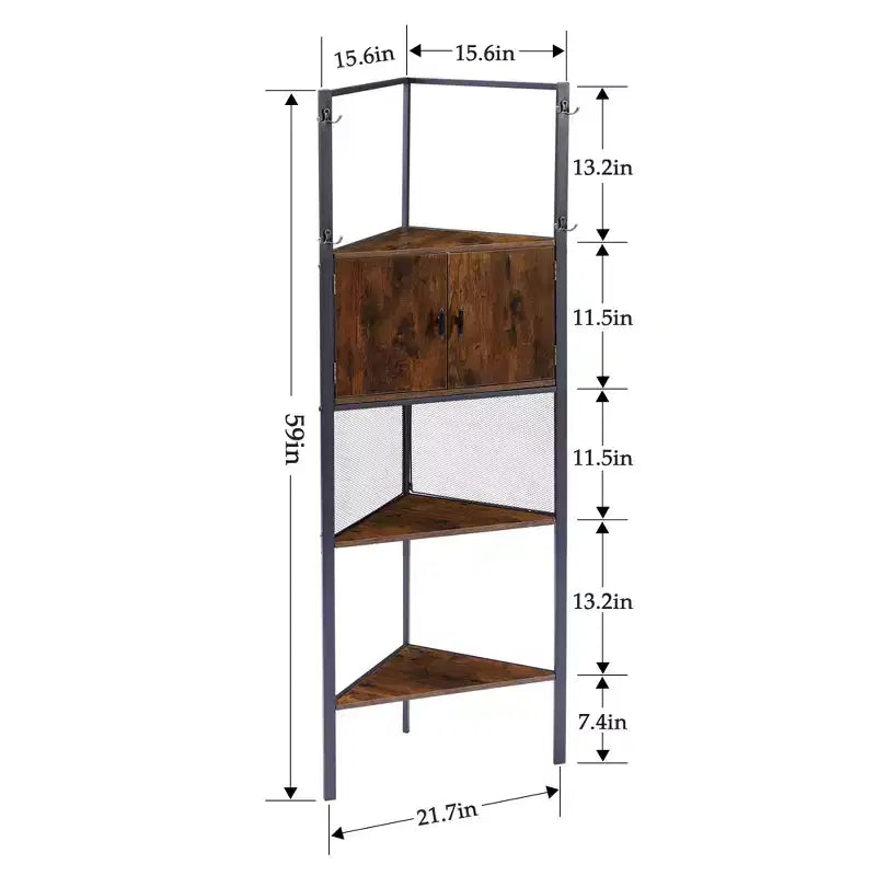 Étagère d'angle haute avec étagères triangulaires en bois et portes, marron