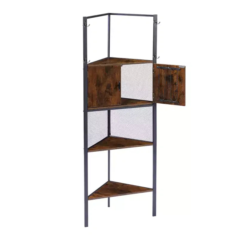 Étagère d'angle haute avec étagères triangulaires en bois et portes, marron