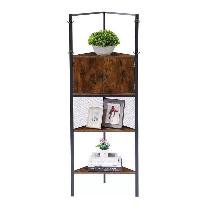 Étagère d'angle haute avec étagères triangulaires en bois et portes, marron