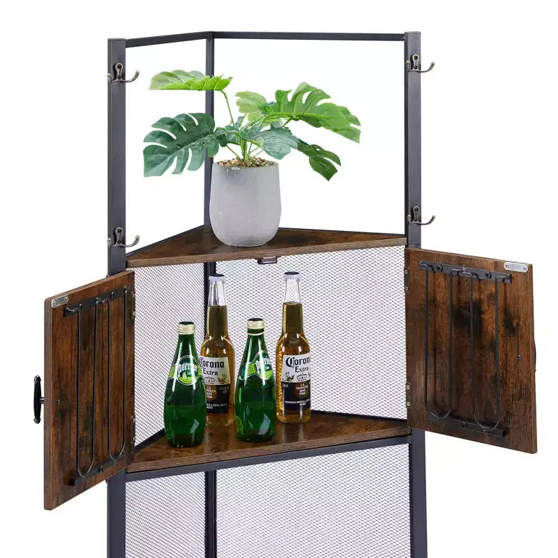 Étagère d'angle haute avec étagères triangulaires en bois et portes, marron
