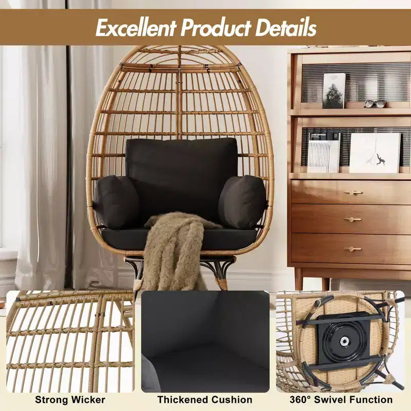 Fauteuil œuf pivotant avec cadre en rotin et coussin rembourré