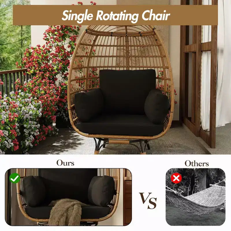 Fauteuil œuf pivotant avec cadre en rotin et coussin rembourré