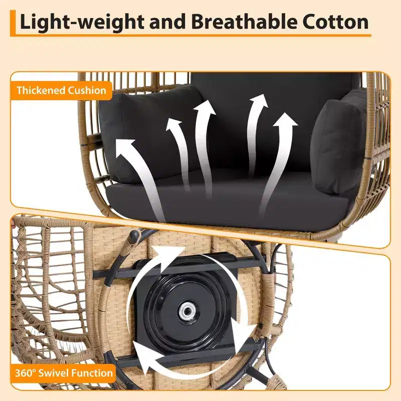 Fauteuil œuf pivotant avec cadre en rotin et coussin rembourré