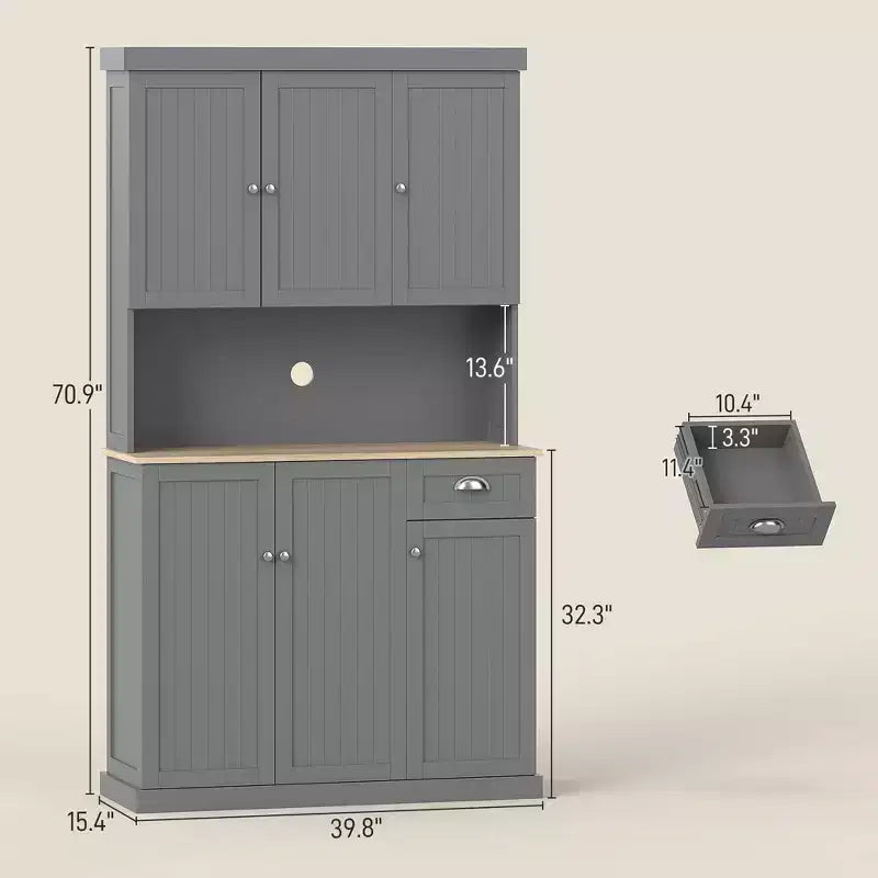 Buffet 71" avec vaisselier, armoire de rangement de cuisine avec comptoir, tiroir et placard