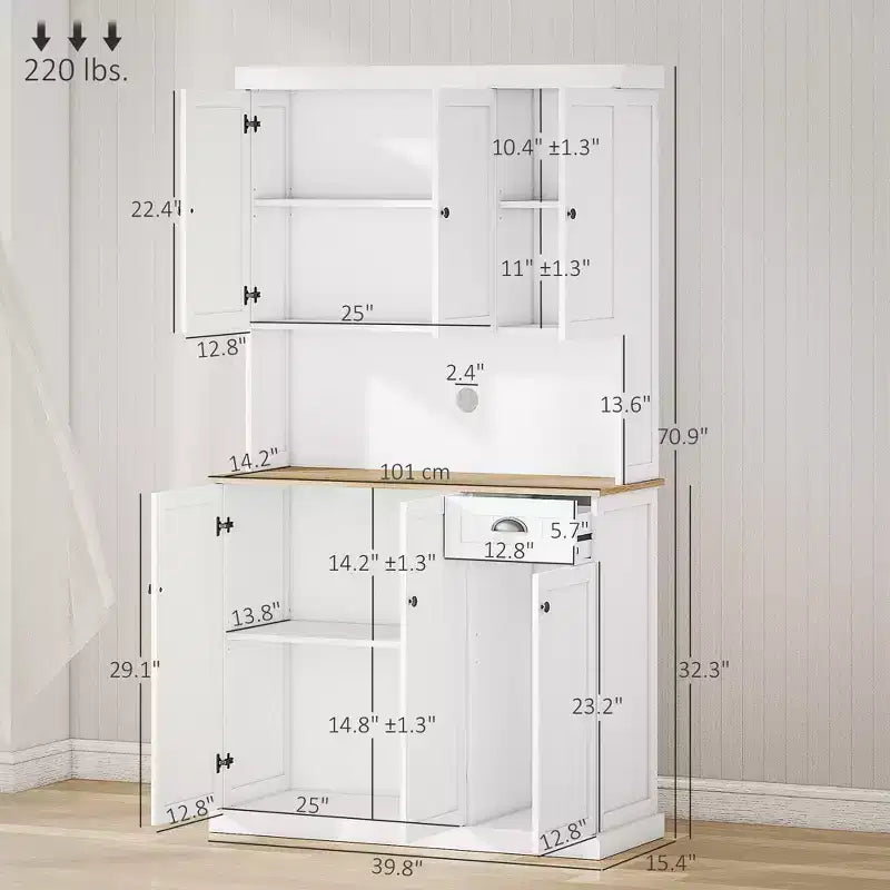 Buffet 71" avec vaisselier, armoire de rangement de cuisine avec comptoir, tiroir et placard