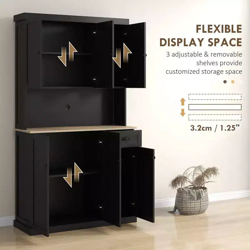 Buffet 71" avec vaisselier, armoire de rangement de cuisine avec comptoir, tiroir et placard
