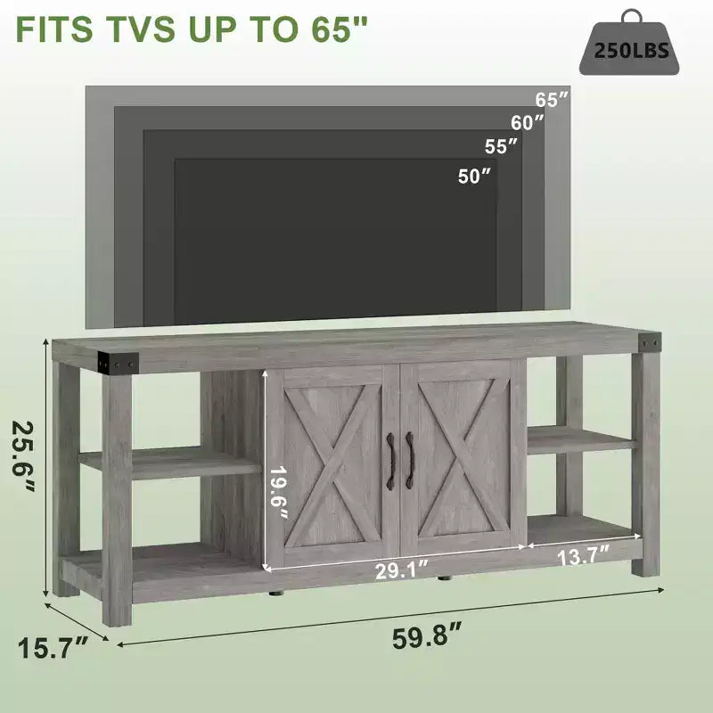 Meuble TV de ferme en bois pour téléviseurs jusqu'à 65 pouces avec étagères réglables et 2 armoires