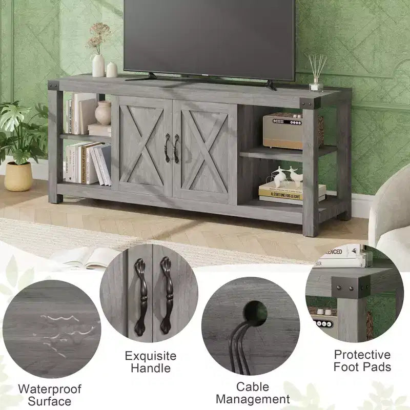 Meuble TV de ferme en bois pour téléviseurs jusqu'à 65 pouces avec étagères réglables et 2 armoires