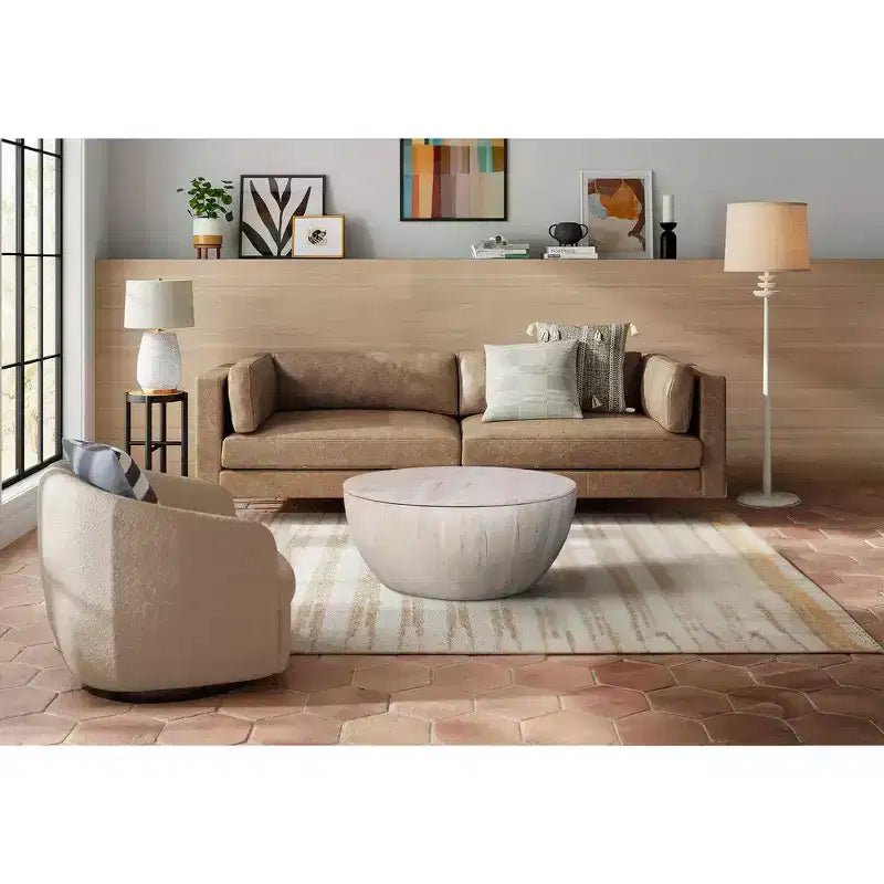 Table basse ronde de 94 cm en bois de manguier avec rangement, blanc