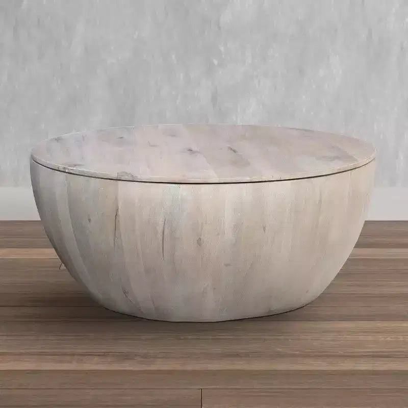 Table basse ronde de 94 cm en bois de manguier avec rangement, blanc