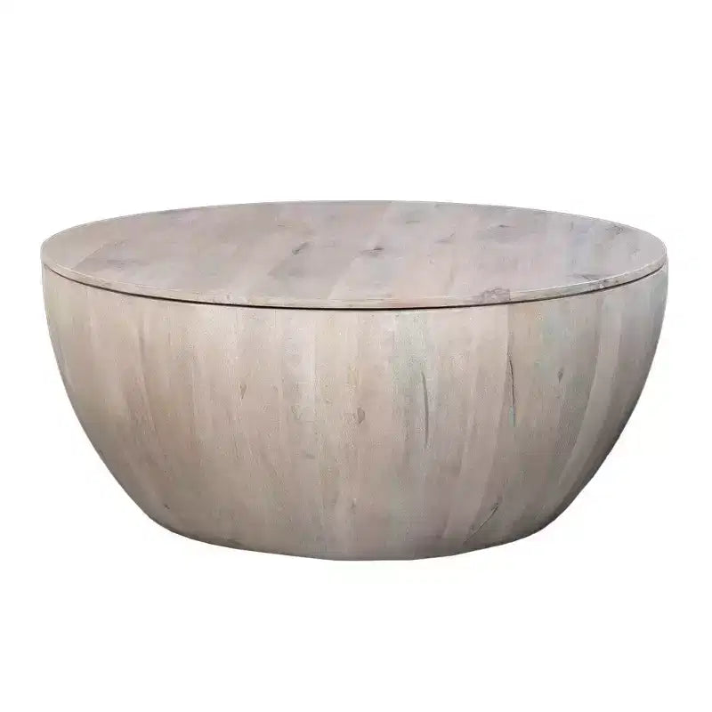 Table basse ronde de 94 cm en bois de manguier avec rangement, blanc
