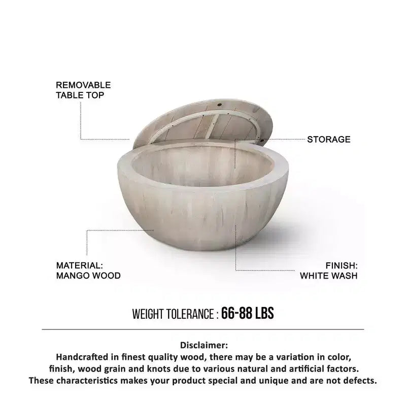 Table basse ronde de 94 cm en bois de manguier avec rangement, blanc