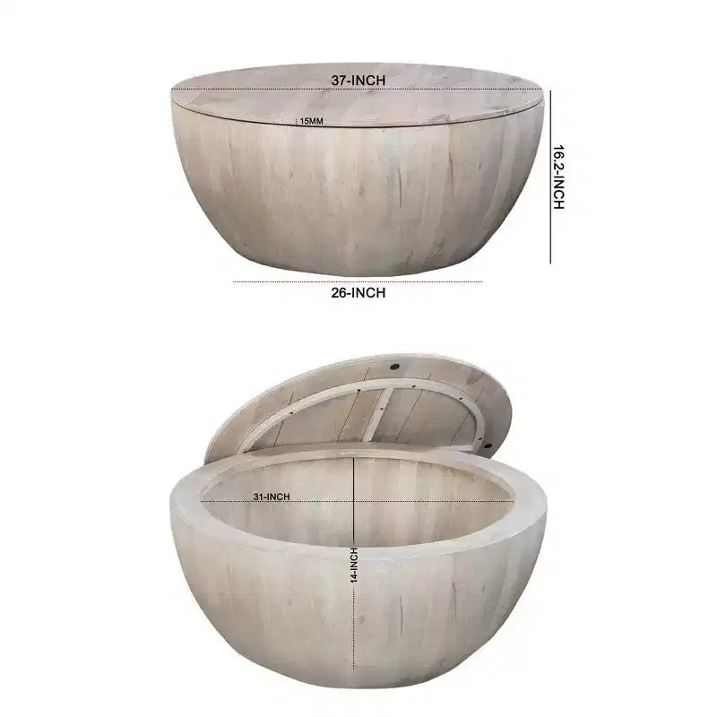 Table basse ronde de 94 cm en bois de manguier avec rangement, blanc