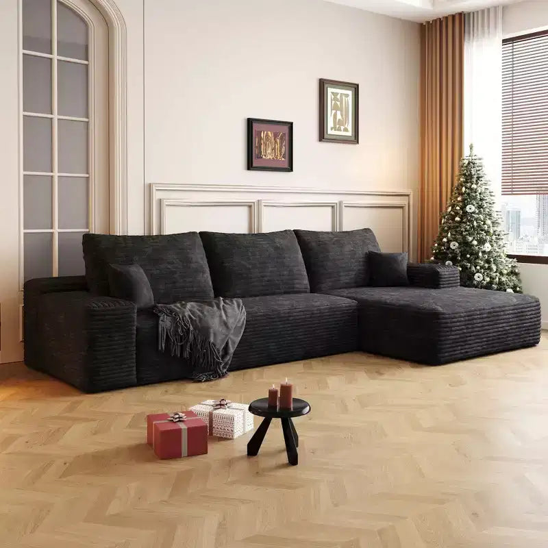 Canapé d'angle en velours côtelé avec assise profonde, aucun assemblage requis