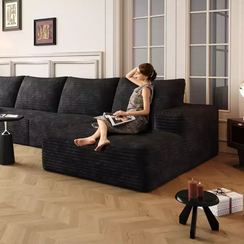 Canapé d'angle en velours côtelé avec assise profonde, aucun assemblage requis