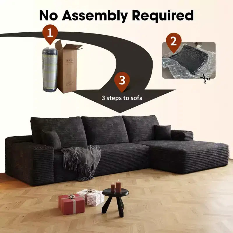 Canapé d'angle en velours côtelé avec assise profonde, aucun assemblage requis