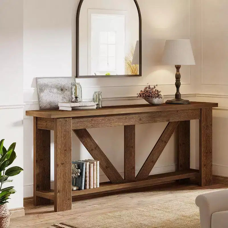 Console 2 plateaux en bois massif, 180 cm, table d'entrée extra longue avec étagère inférieure