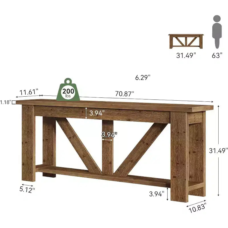 Console 2 plateaux en bois massif, 180 cm, table d'entrée extra longue avec étagère inférieure