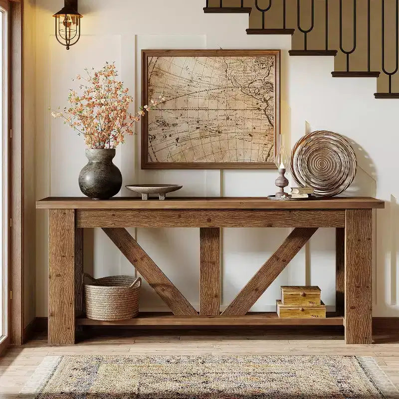 Console 2 plateaux en bois massif, 180 cm, table d'entrée extra longue avec étagère inférieure