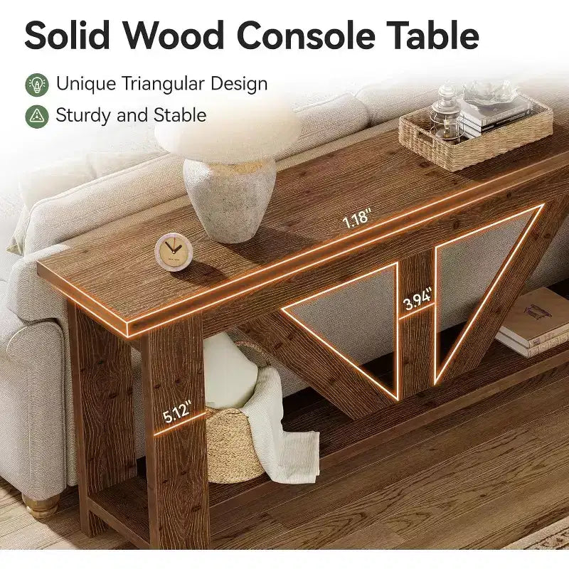 Console 2 plateaux en bois massif, 180 cm, table d'entrée extra longue avec étagère inférieure