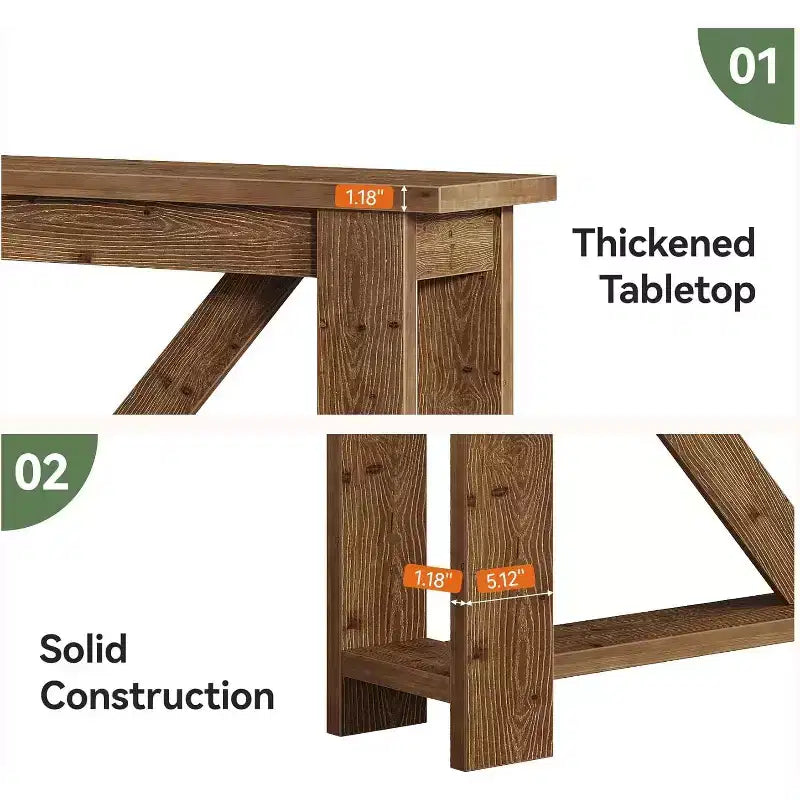 Console 2 plateaux en bois massif, 180 cm, table d'entrée extra longue avec étagère inférieure