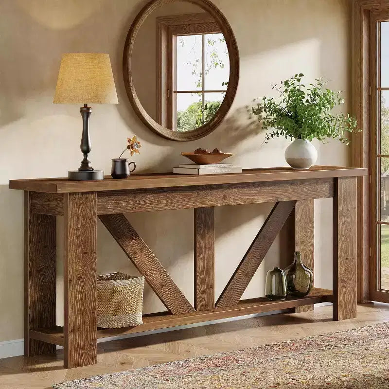 Console 2 plateaux en bois massif, 180 cm, table d'entrée extra longue avec étagère inférieure