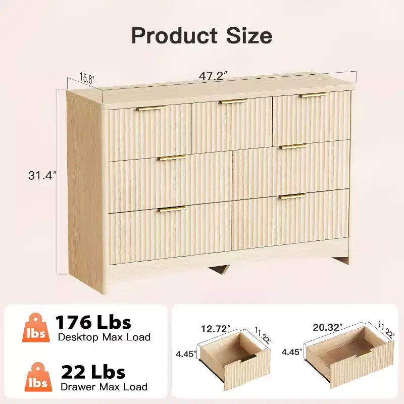 Commode à 7 tiroirs avec façade cannelée et poignées en métal