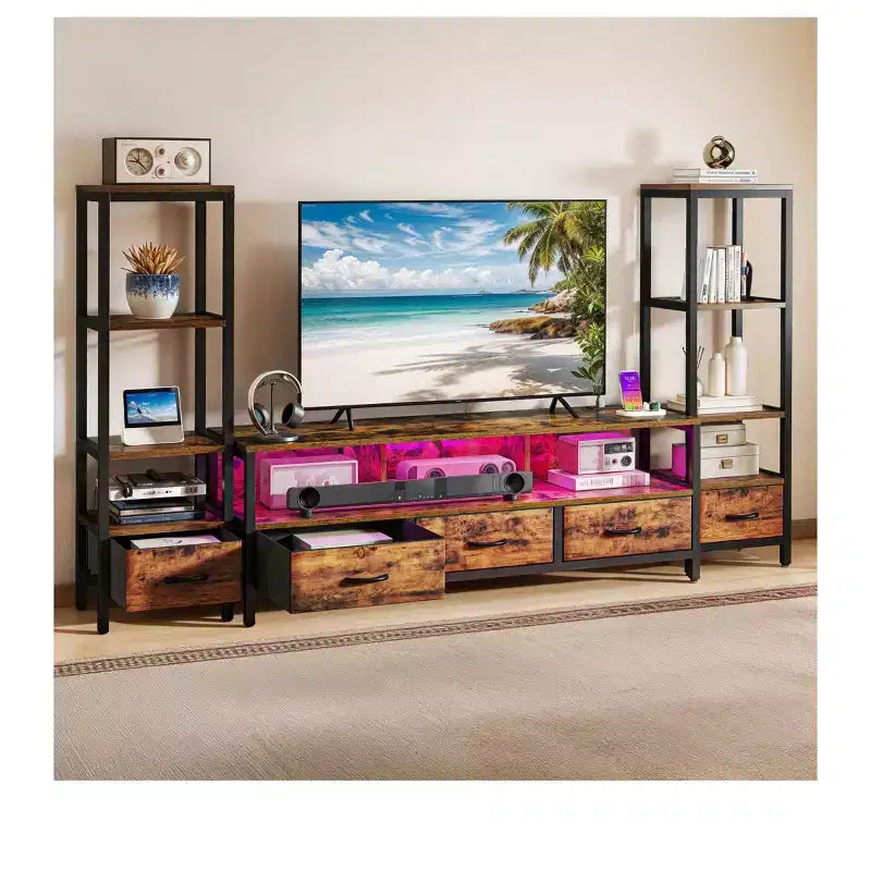 Meuble TV avec étagères à 4 niveaux, lumières LED et prises de courant – Convient aux téléviseurs jusqu'à 65 pouces