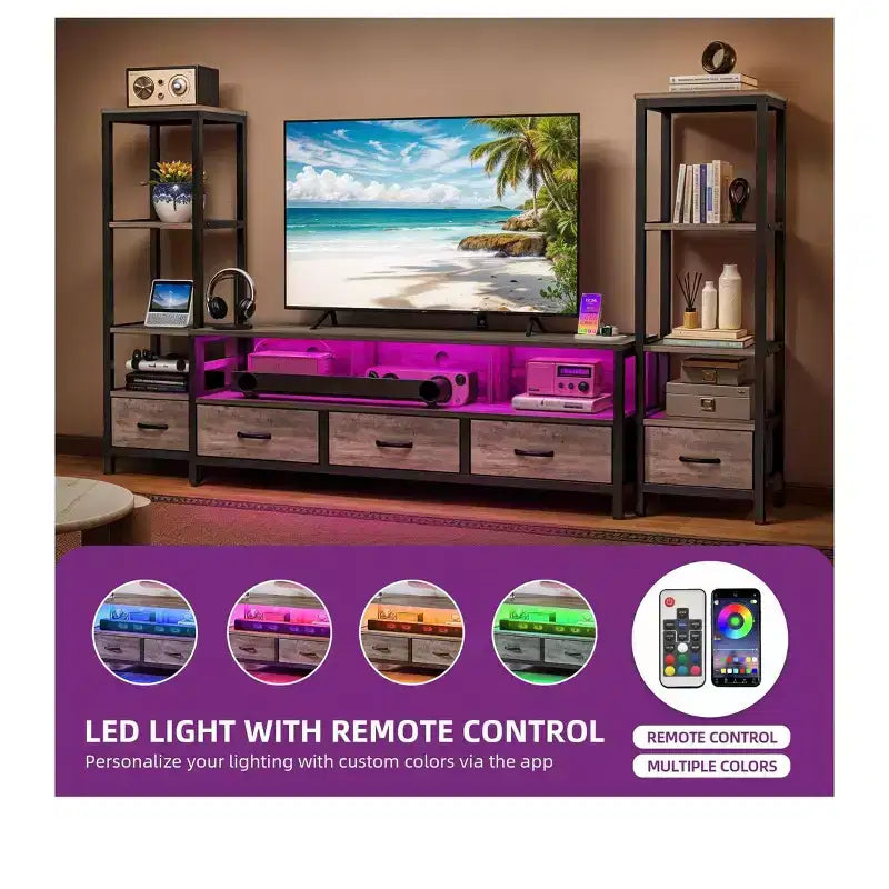 Meuble TV avec étagères à 4 niveaux, lumières LED et prises de courant – Convient aux téléviseurs jusqu'à 65 pouces