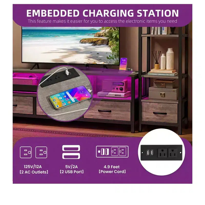 Meuble TV avec étagères à 4 niveaux, lumières LED et prises de courant – Convient aux téléviseurs jusqu'à 65 pouces