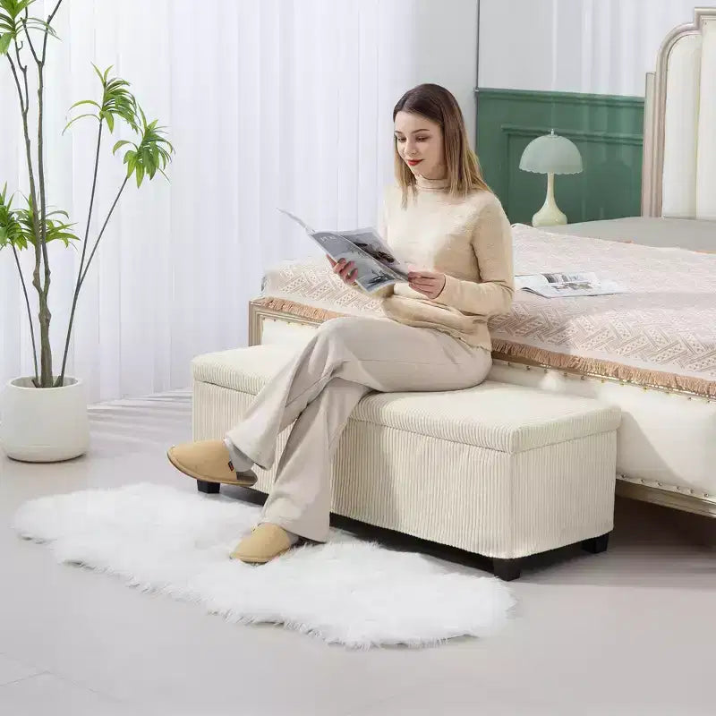 Banc ottoman de rangement de 47 pouces avec revêtement en velours côtelé